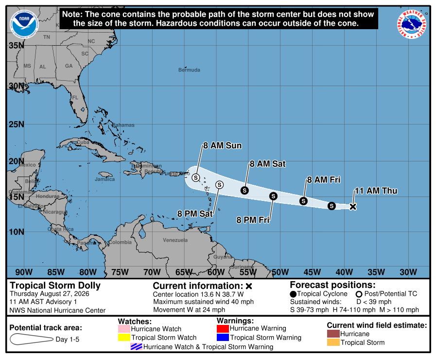 Map of the forcasted path of Tropical Storm Dolly