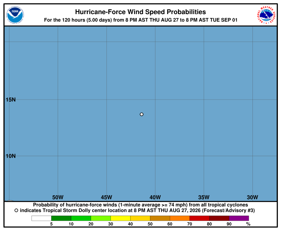 Map of the forcasted hurricane wind speeds of Tropical Storm Dolly