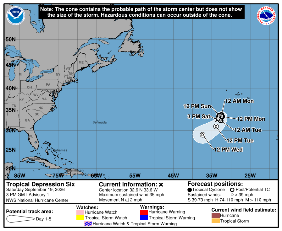 Map of the forcasted path of Tropical Depression Six