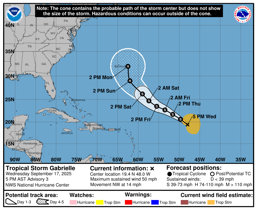 Map of the forcasted path of Tropical Storm Gabrielle