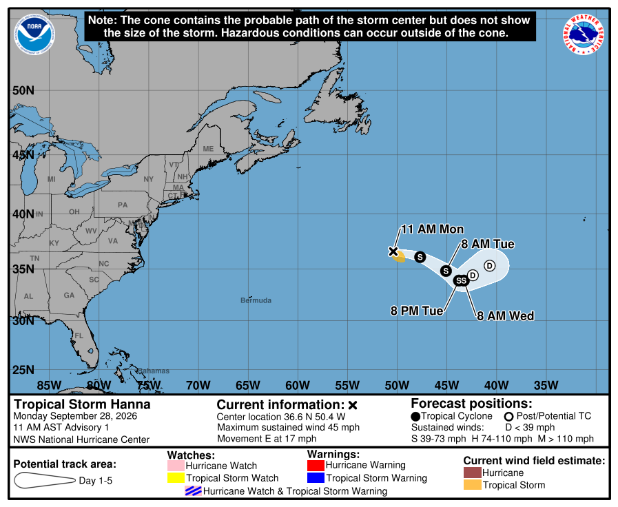 Map of the forcasted path of Tropical Storm Hanna
